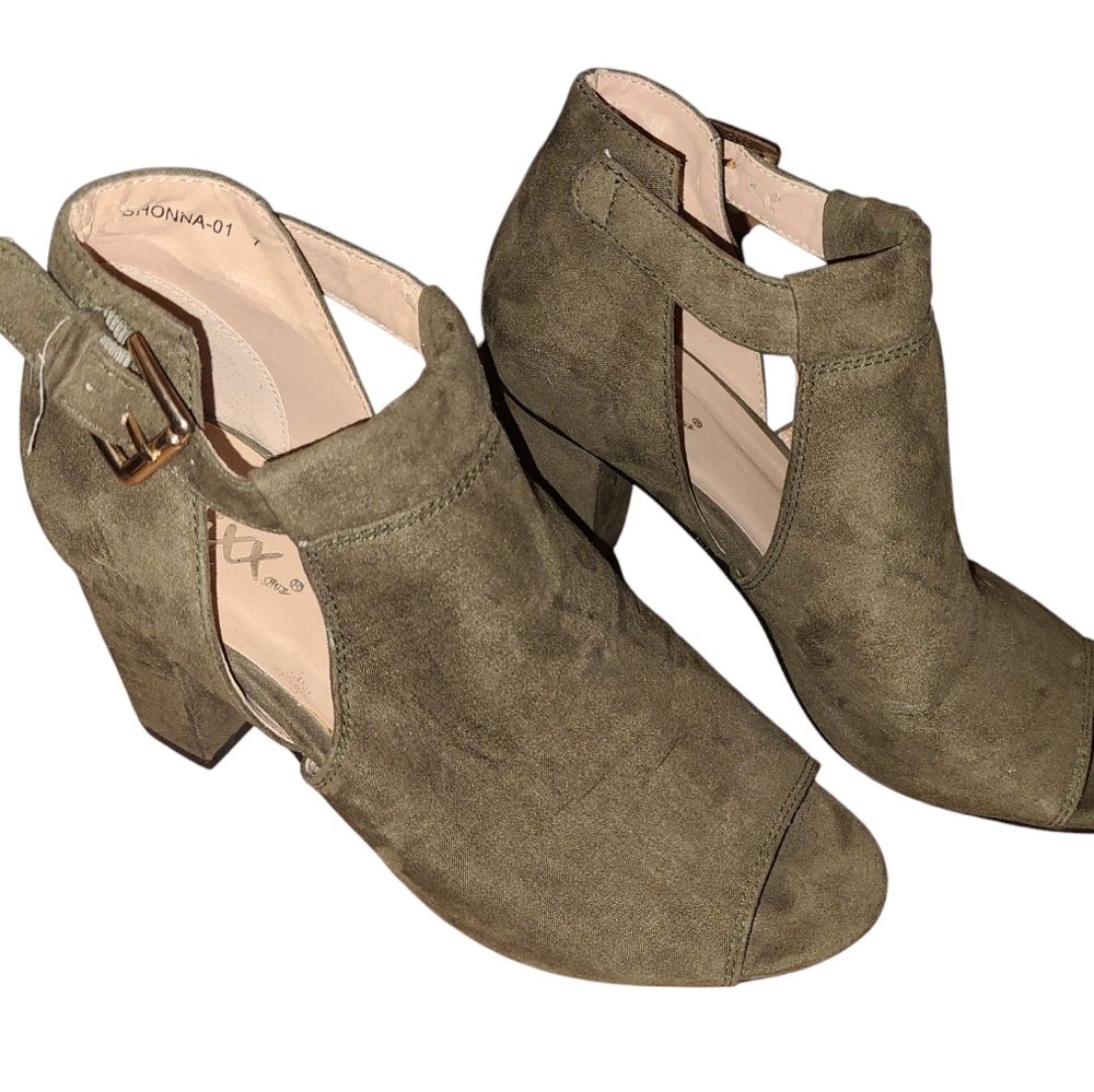 Olive Green Faux Suede Chunky Heel Peep Toe Booties